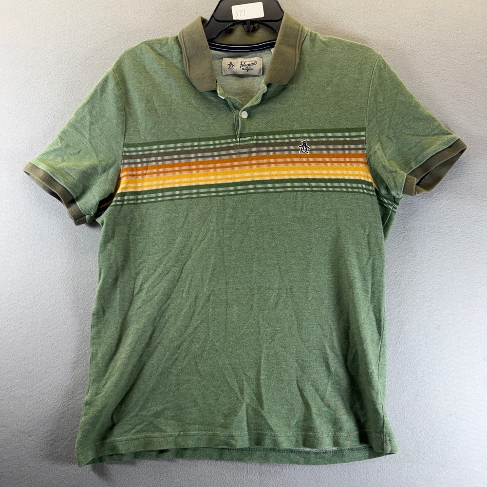 Original Penguin Mens Green Striped Short Sleeve Cotton Polo Shirt Size M